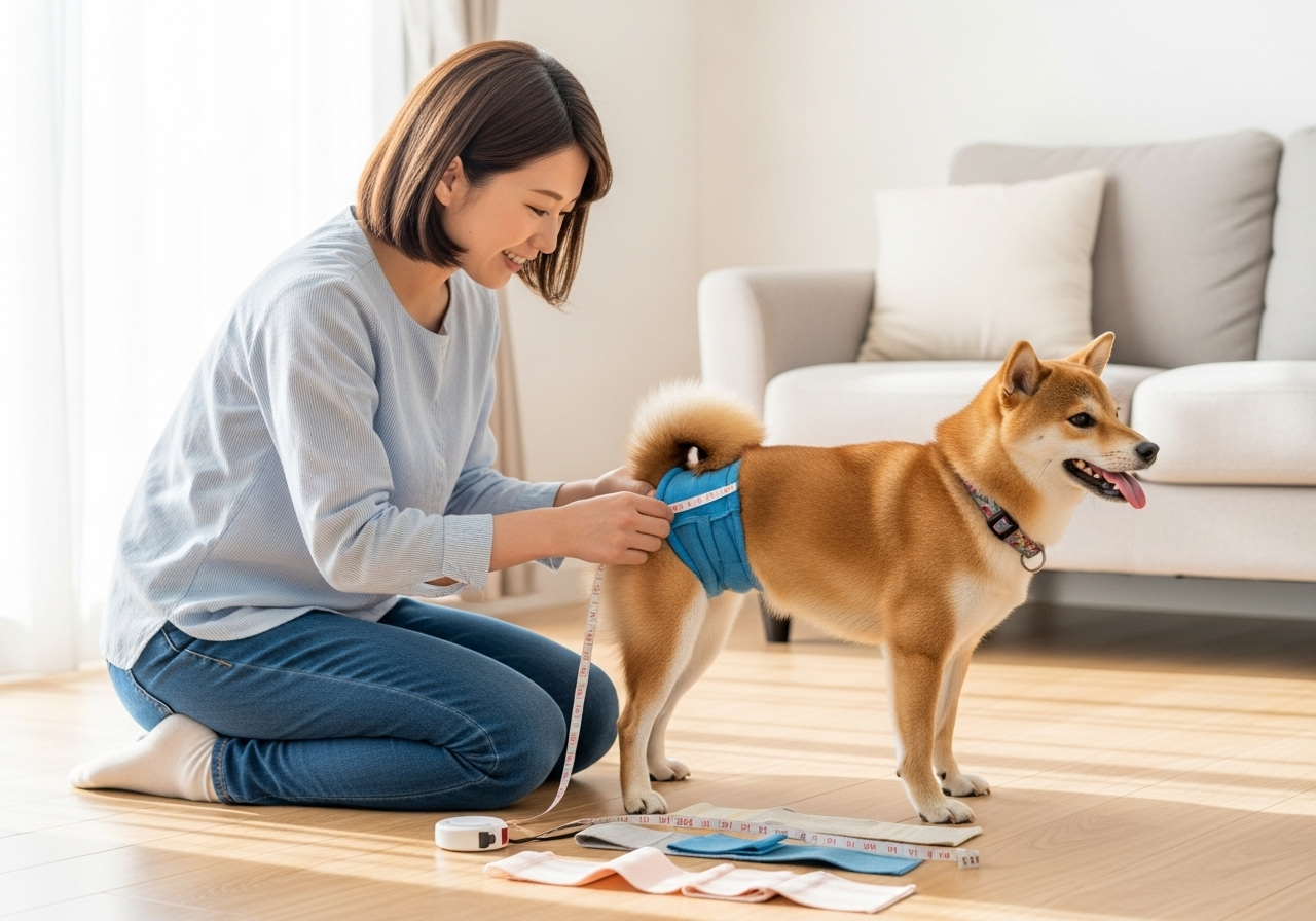 明るいリビングで、20代の日本人女性が小型犬(柴犬)にマナーベルトを装着している様子