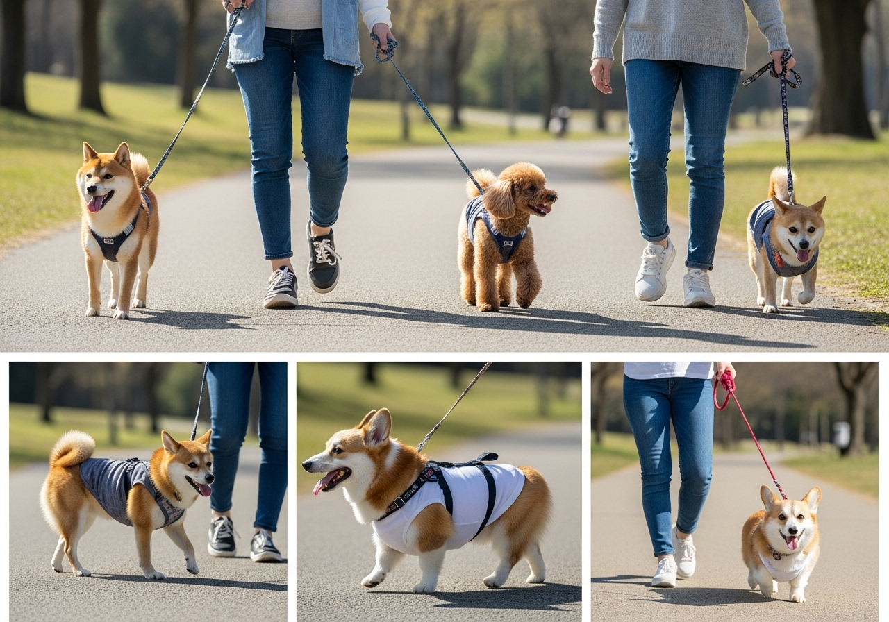 公園の散歩道で、様々な犬種(柴犬、トイプードル、コーギー)が異なるタイプのマナーウェアを着用して歩いている様子