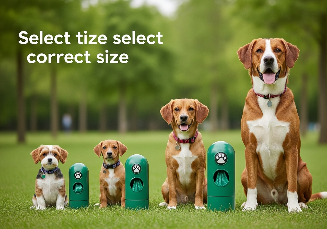 小型犬、中型犬、大型犬の3匹の犬とそれぞれに適したサイズのマナーポーチが並んでいる図解風の画像