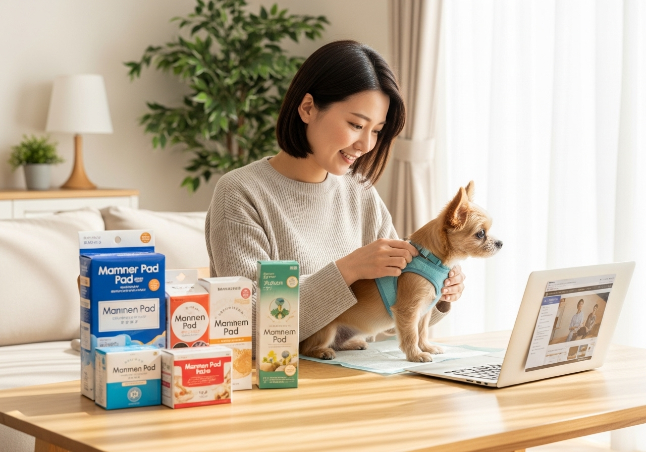 明るいリビングルームで、30代の日本人女性が愛犬（小型犬）にマナーパッドを装着している優しい場面