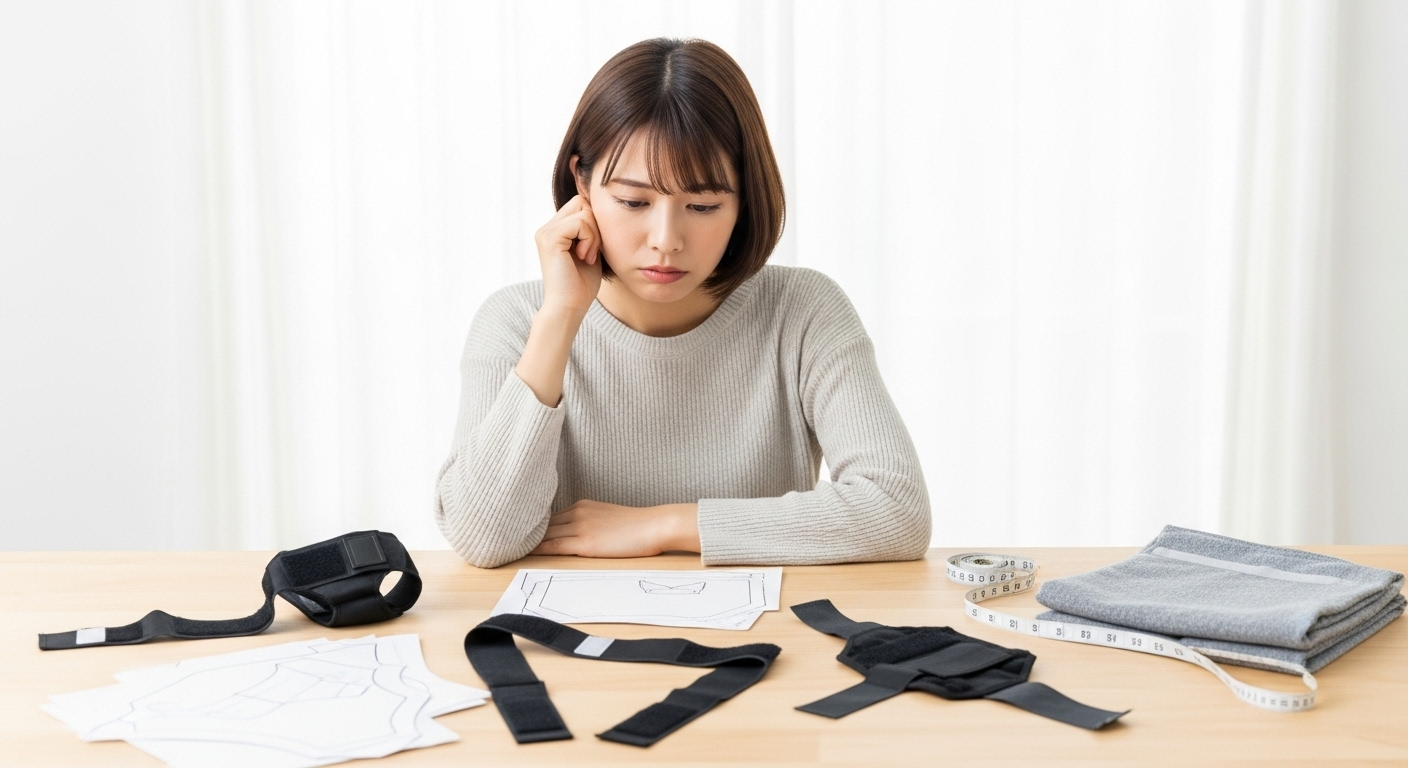 明るい室内で、20代の日本人女性が手作りマナーベルトの材料を前に困った表情をしている様子