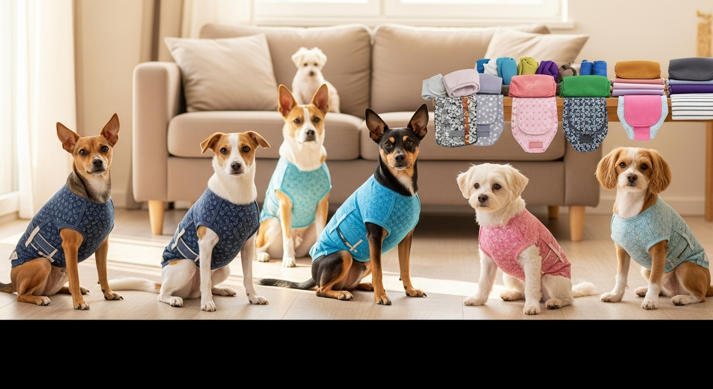 明るいリビングで、様々なサイズの犬（小型犬から中型犬まで）が、それぞれの体型に合わせた手作りマナーベルトを装着している様子