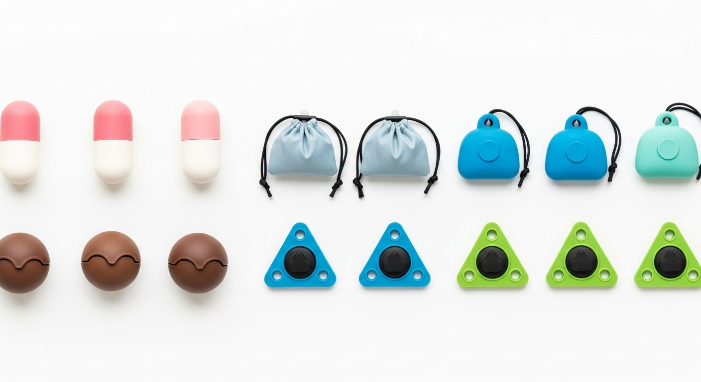 様々なデザインの犬用マナーポーチが並んでいる商品比較の様子