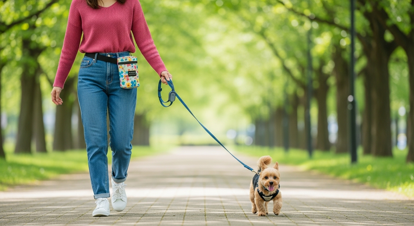 公園で散歩中の20代日本人女性と小型犬の温かいシーン