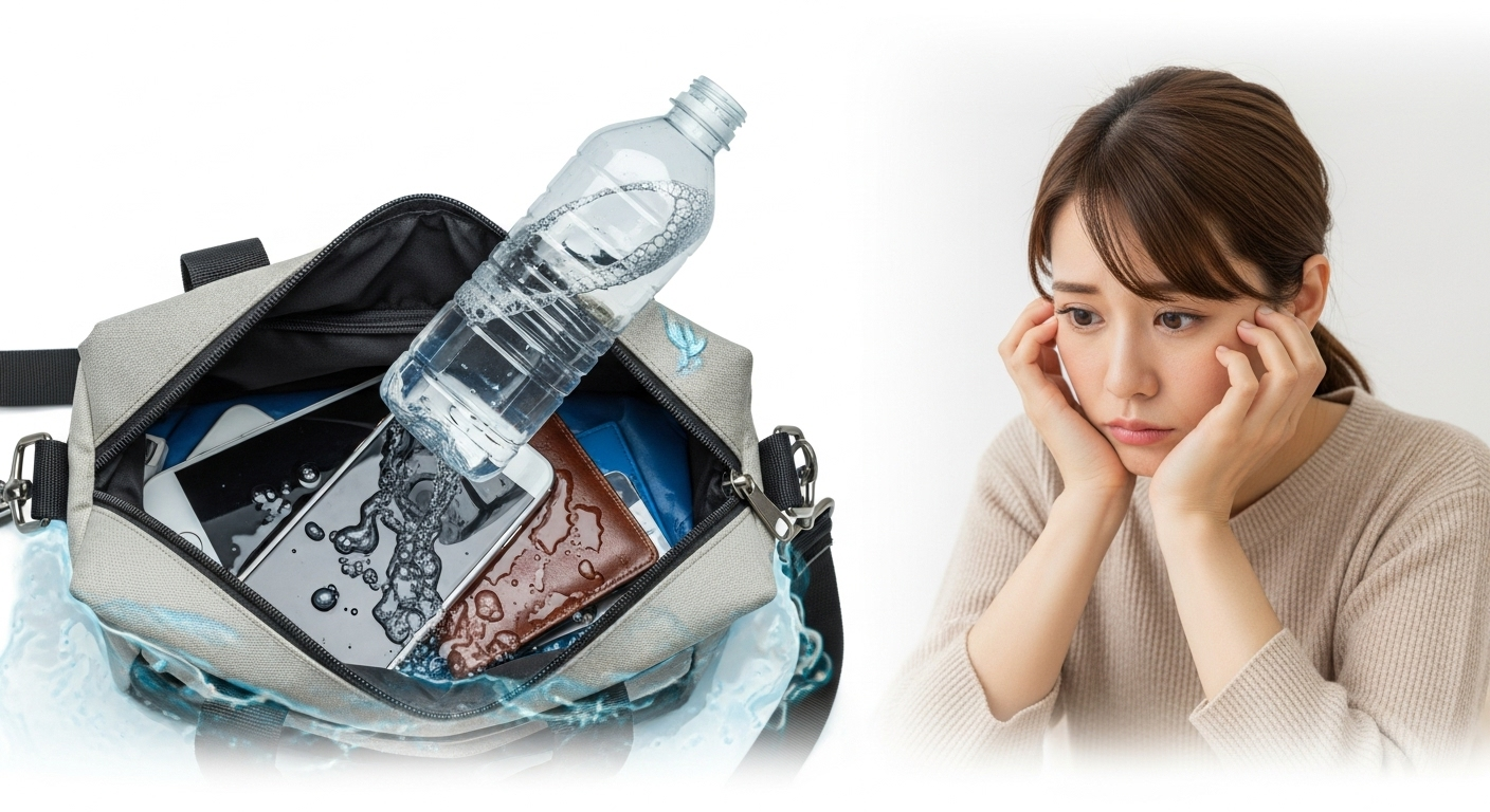 散歩バッグの中で水漏れしてしまった様子を表現した画像