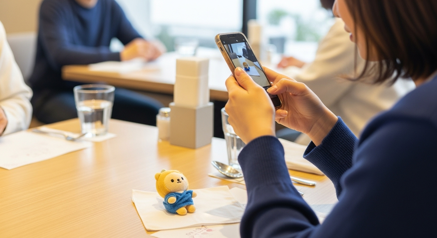 飲食店のテーブルで、清潔な白いハンカチの上に小さなぬいぐるみを置いて撮影している様子