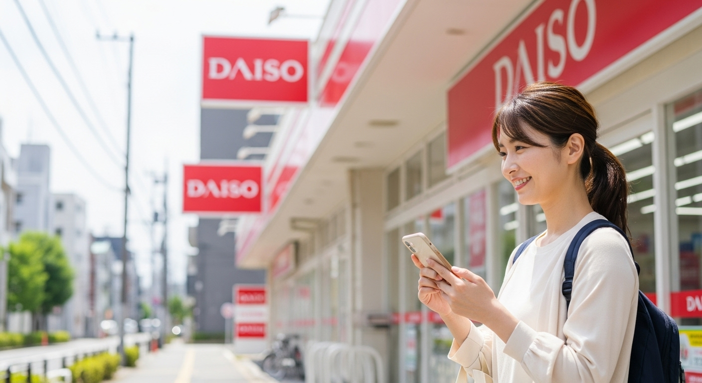 複数のダイソー店舗を回る日本人女性の様子。明るい日中の住宅街で、手にスマートフォンを持ちながら店舗の入り口を確認している場面