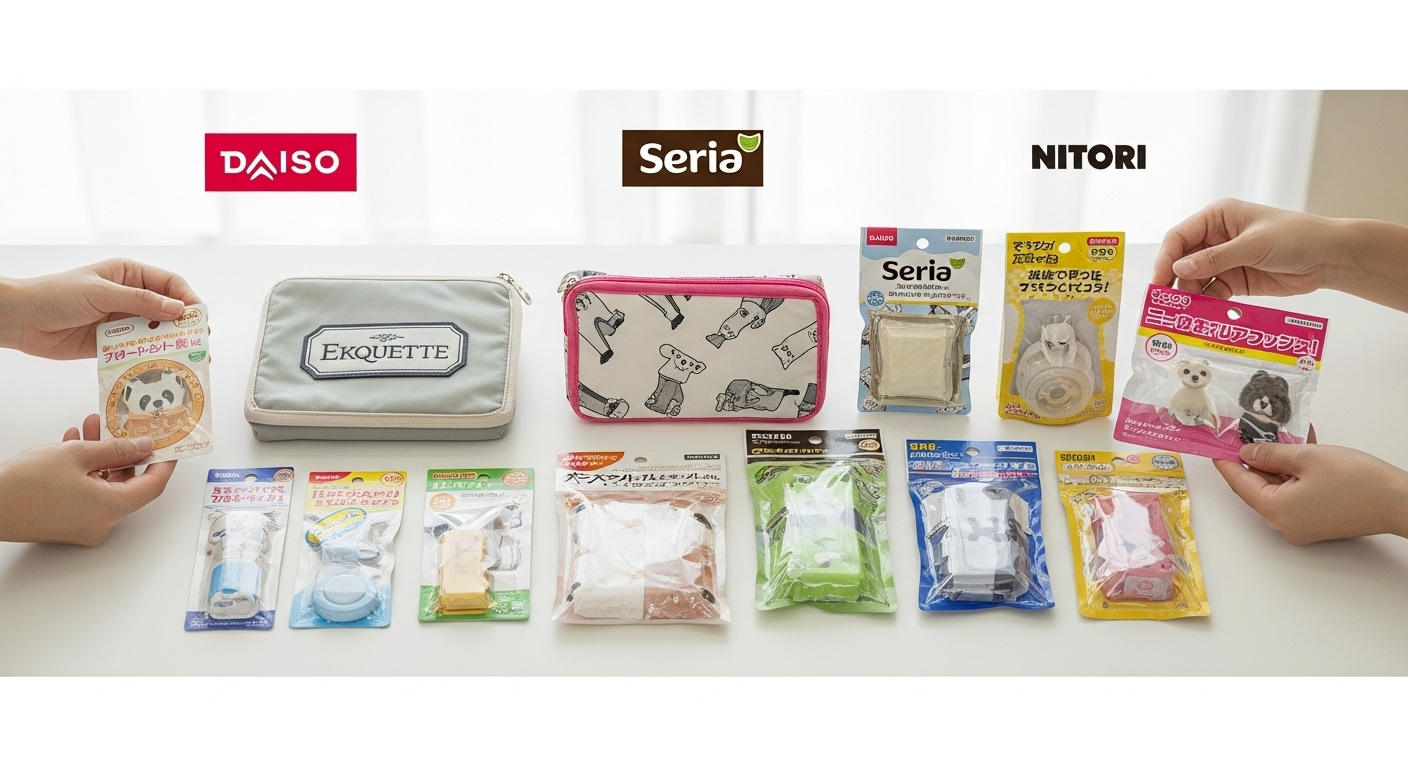 ダイソー、セリア、ニトリの商品を比較検討している場面