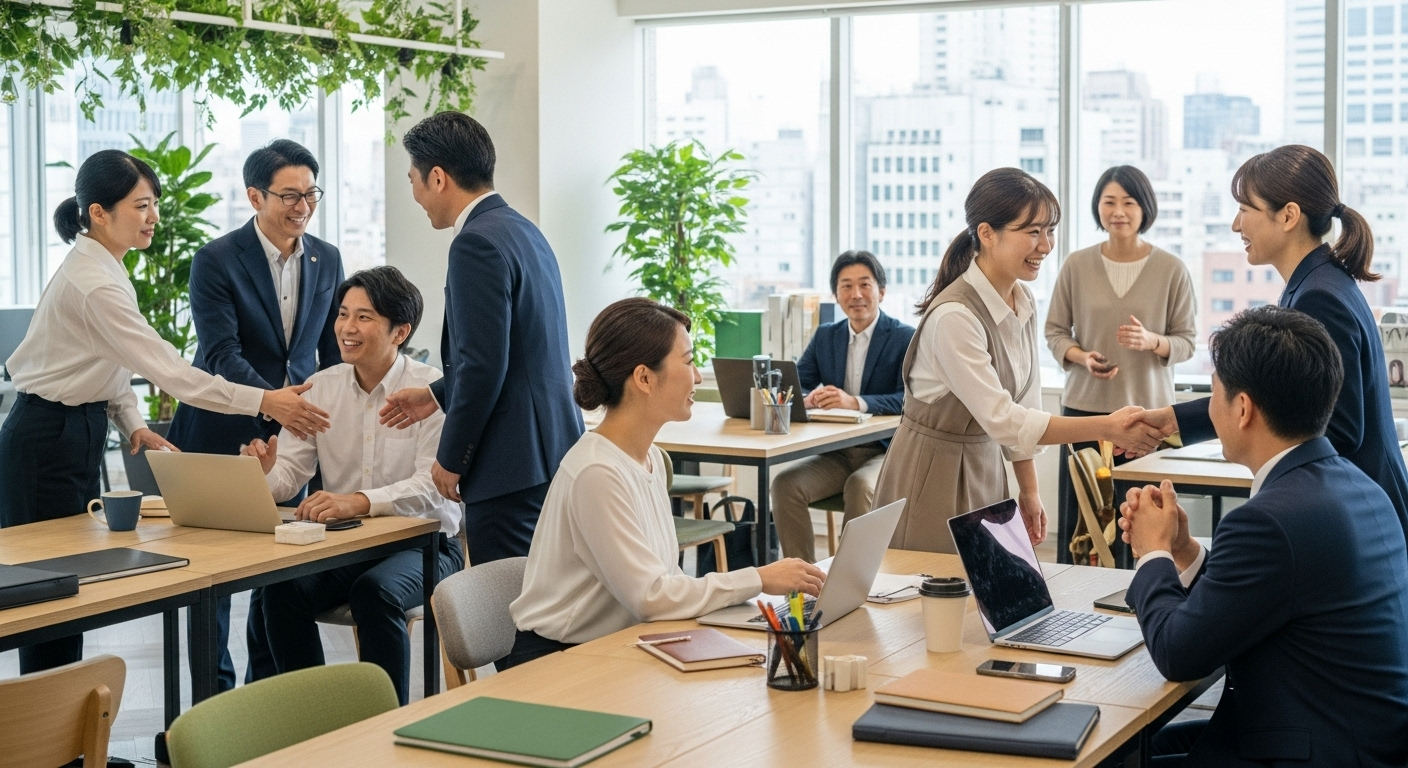 現代的なオフィスで、多様な年代の日本人ビジネスパーソンが自然に挨拶や会話をしている和やかな風景