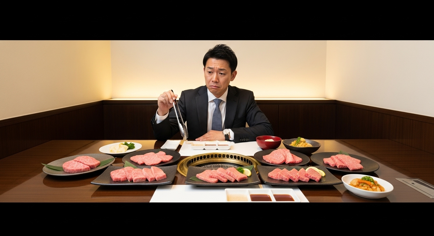 高級焼肉店の個室で、スーツ姿の日本人ビジネスマンが困惑した表情で焼肉を前にしている様子