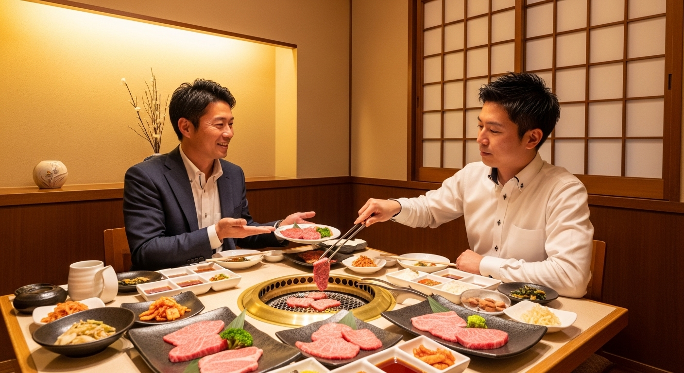 高級焼肉店の個室で、40代の日本人男性上司と30代の部下が和やかに焼肉を楽しんでいる場面