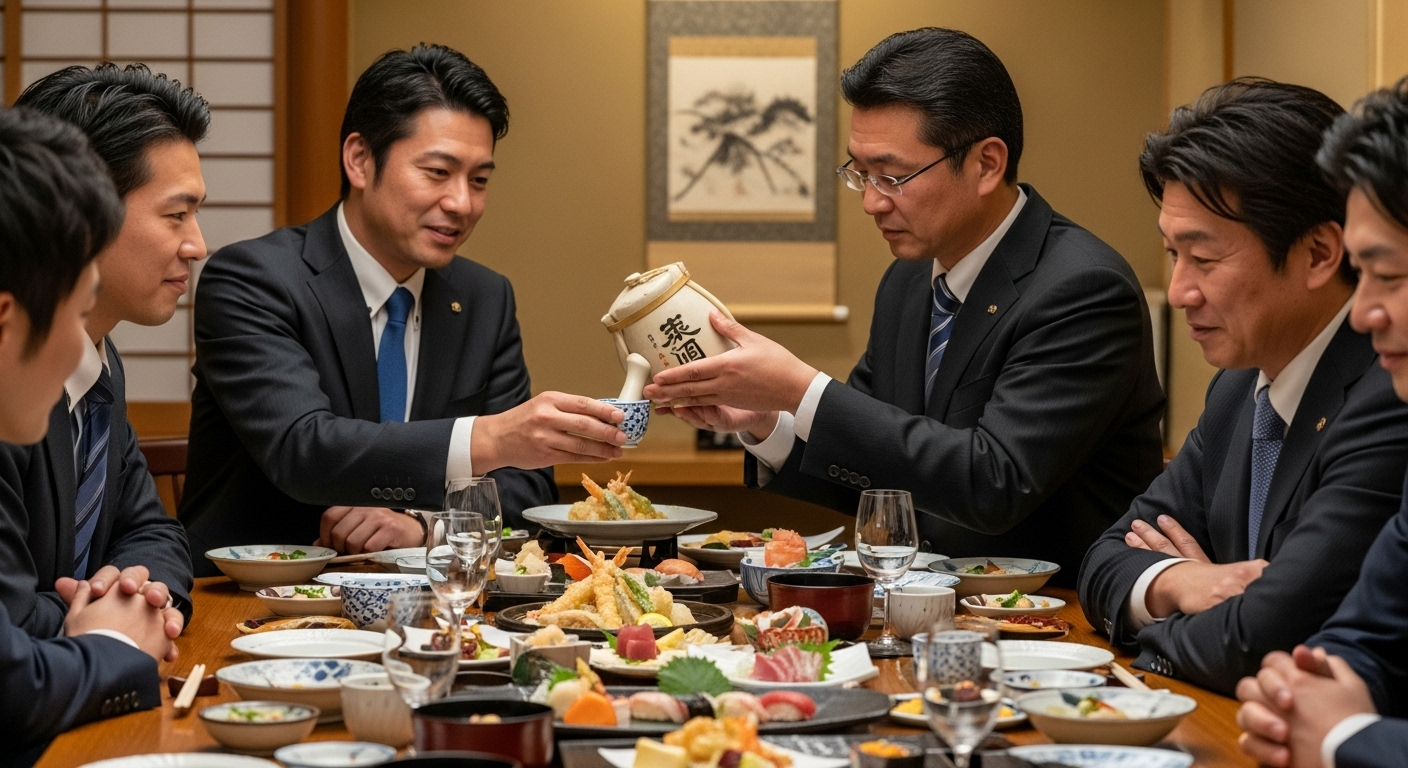 日本酒を楽しむビジネスマンたちが和食レストランで会食している様子