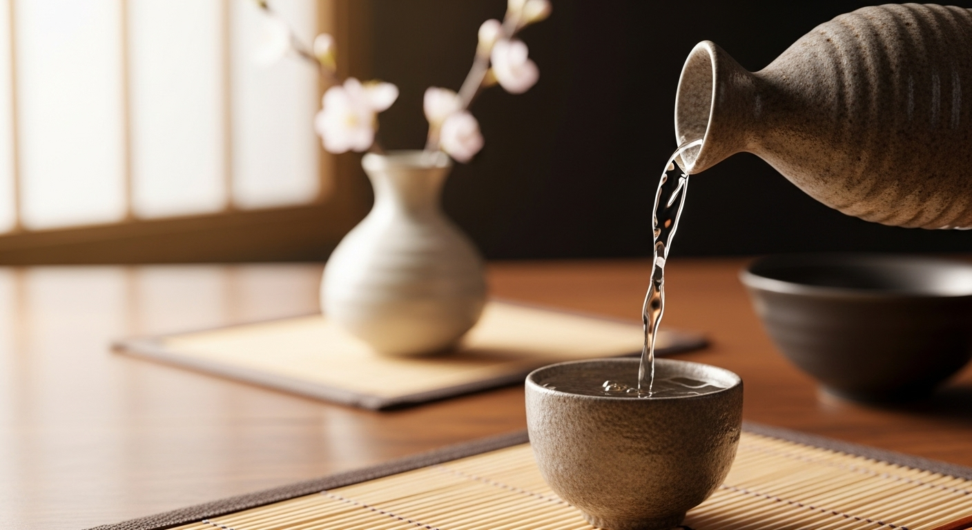 伝統的な徳利と猪口のクローズアップ画像。徳利の注ぎ口から日本酒が美しく注がれている瞬間を捉えた写真