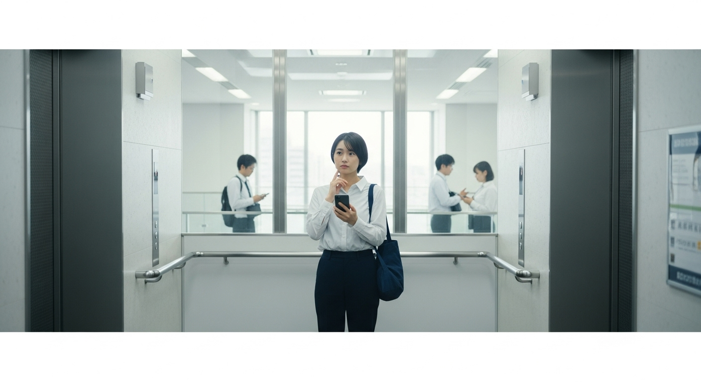 オフィスのエレベーターホールで、20代の日本人会社員が階段とエレベーターの前で選択を迷っている様子