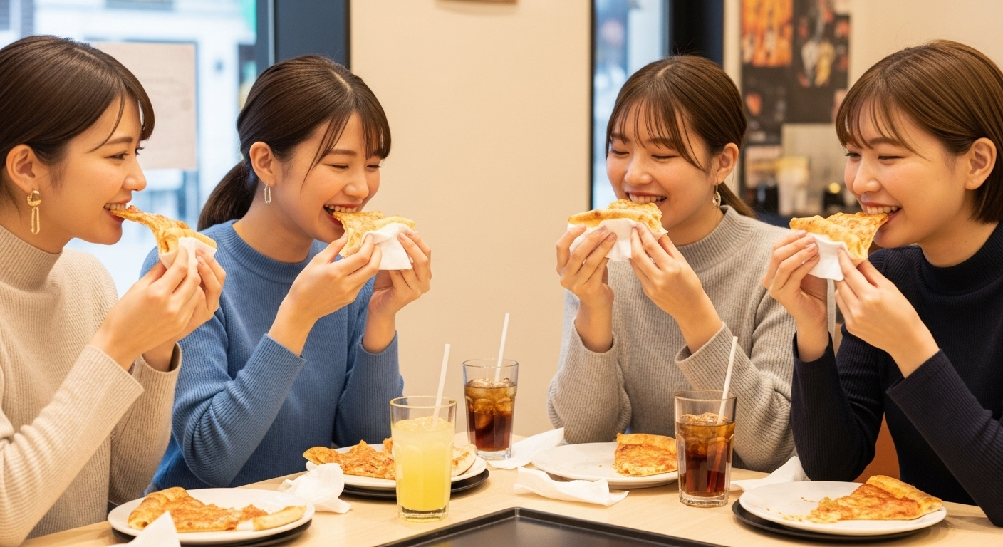 カジュアルなピザ店で、20代の日本人女性が友人たちと楽しそうに手でピザを食べている様子