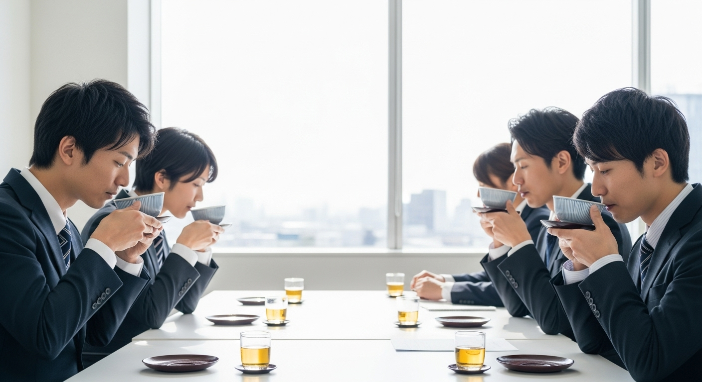 ビジネスオフィスの会議室で、スーツを着た日本人男性と女性が正しいマナーでお茶を飲んでいる場面