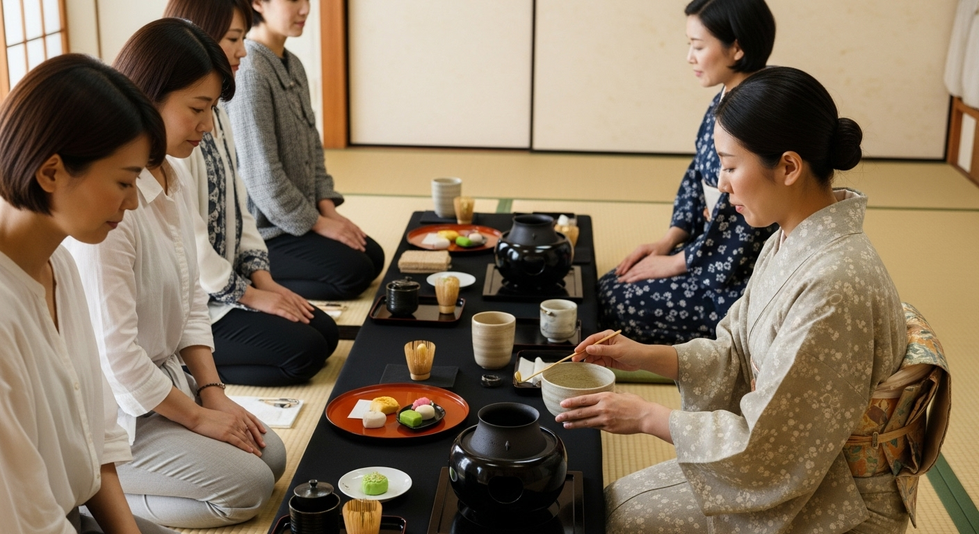 伝統的な茶室で茶道体験をしている様子。畳の上に正座した日本人の参加者たちが、茶道の先生から抹茶の飲み方を学んでいる場面