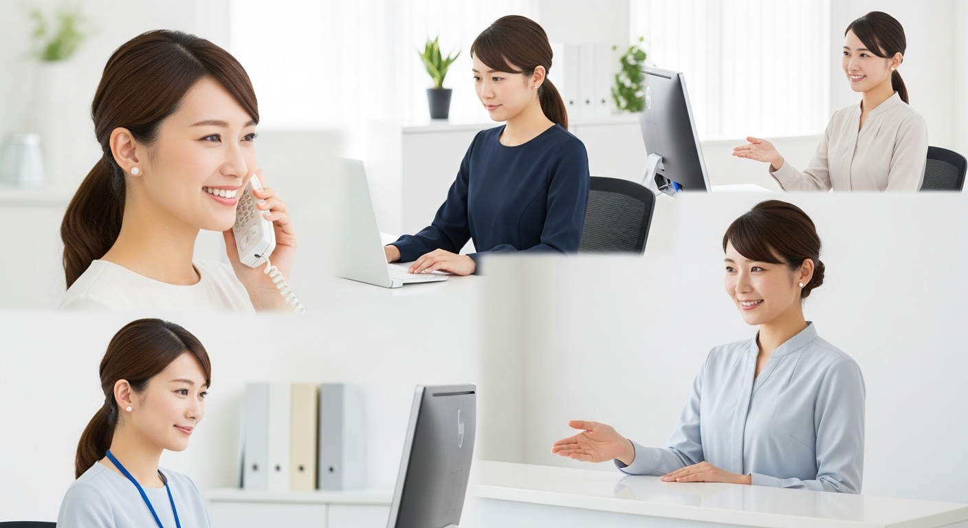 明るいオフィスで、様々な職種の日本人女性たちが適切なピアスを着用している様子