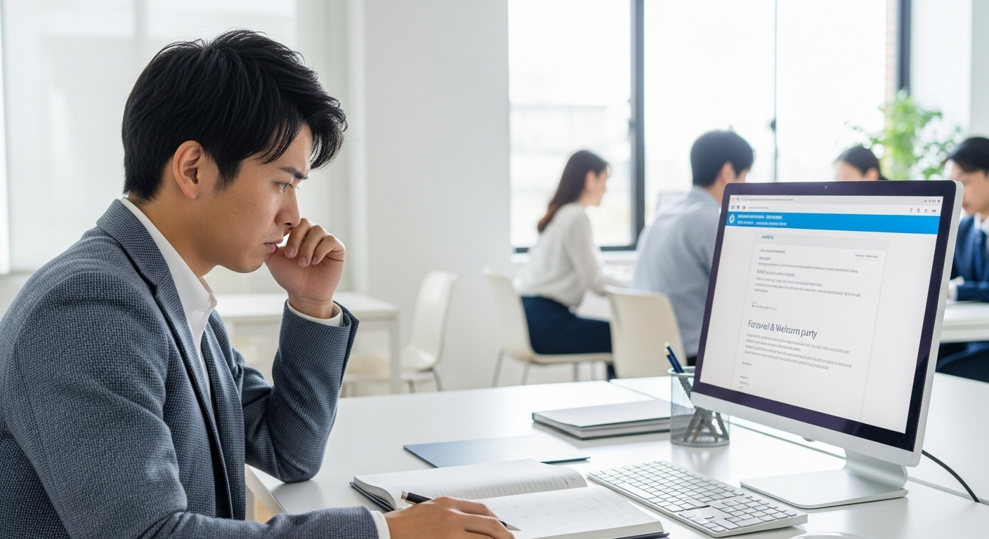 æãããªãã£ã¹ã®äŒè°å®€ã§ã30ä»£ã®æ¥æ¬äººç·æ§ããã¹ã¯ã«åº§ããå°ã£ã衚æ
ã§ããœã³ã³ã®ç»é¢ãèŠã€ããŠããæ§åã