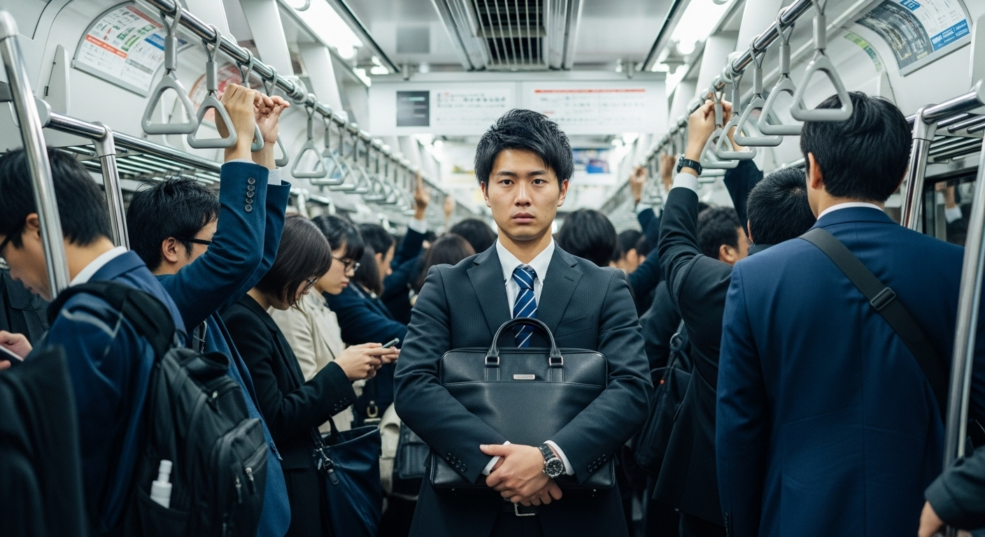 満員電車内で20代の日本人ビジネスマンが黒いビジネスバッグを体の前に抱えて持っている様子