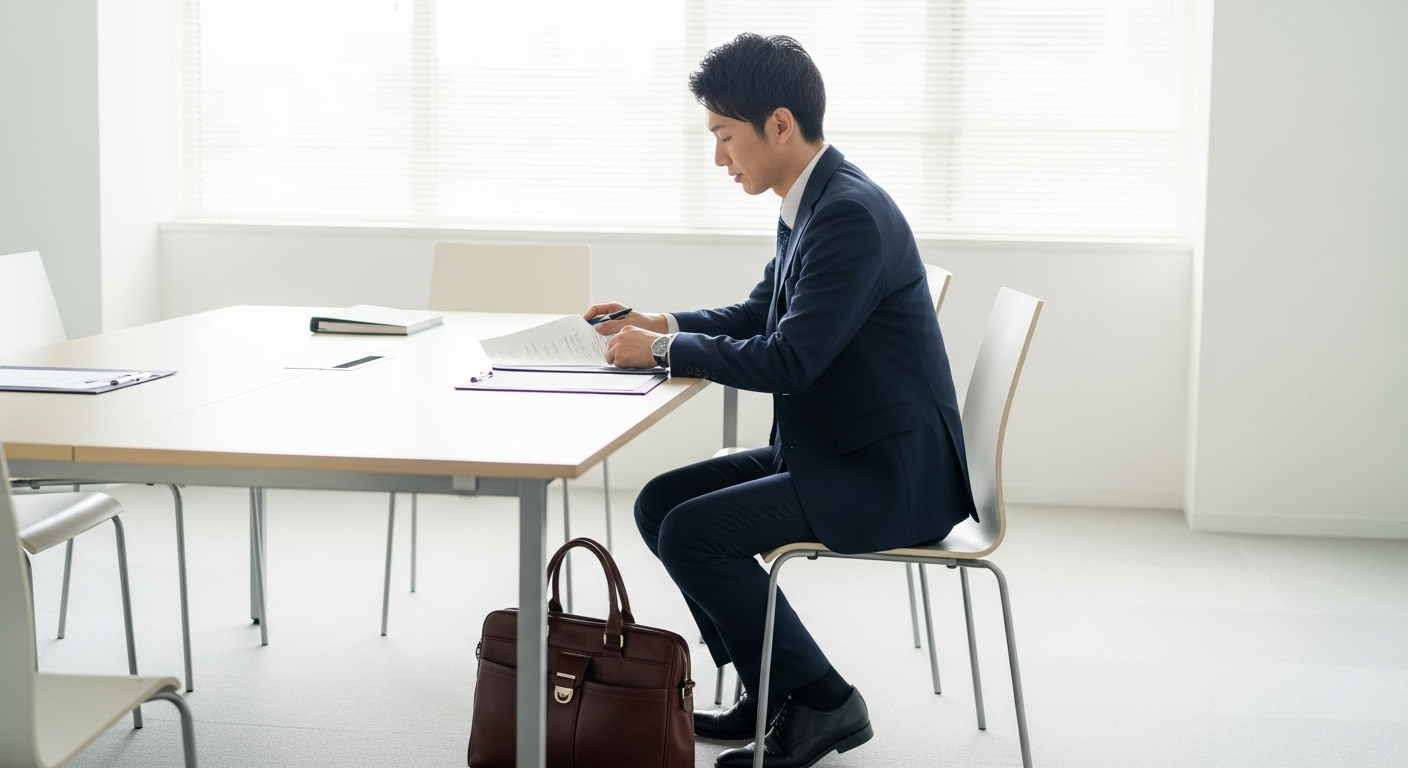 明るいオフィスの会議室で、30代の日本人男性がレザー製のビジネスバッグを手持ちスタイルで椅子の横に置いている様子