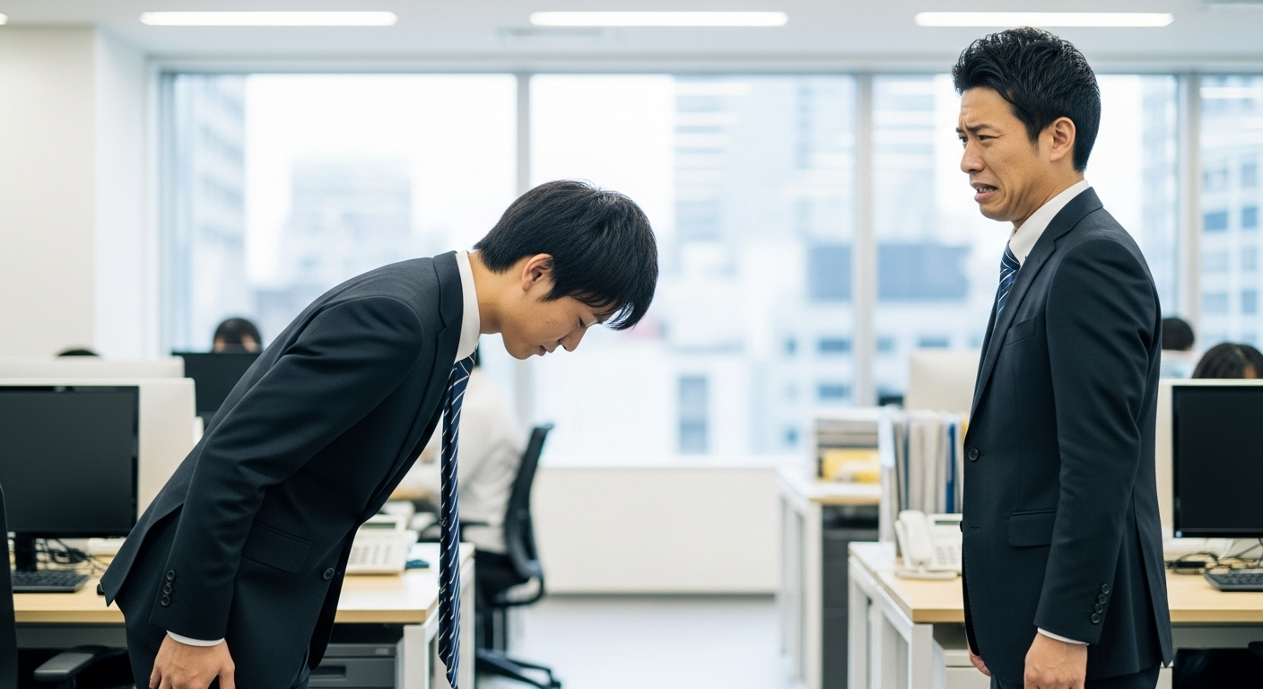 オフィスで過度に丁寧なお辞儀をする20代日本人男性新入社員と、それを見て困った表情をする30代日本人男性上司の様子
