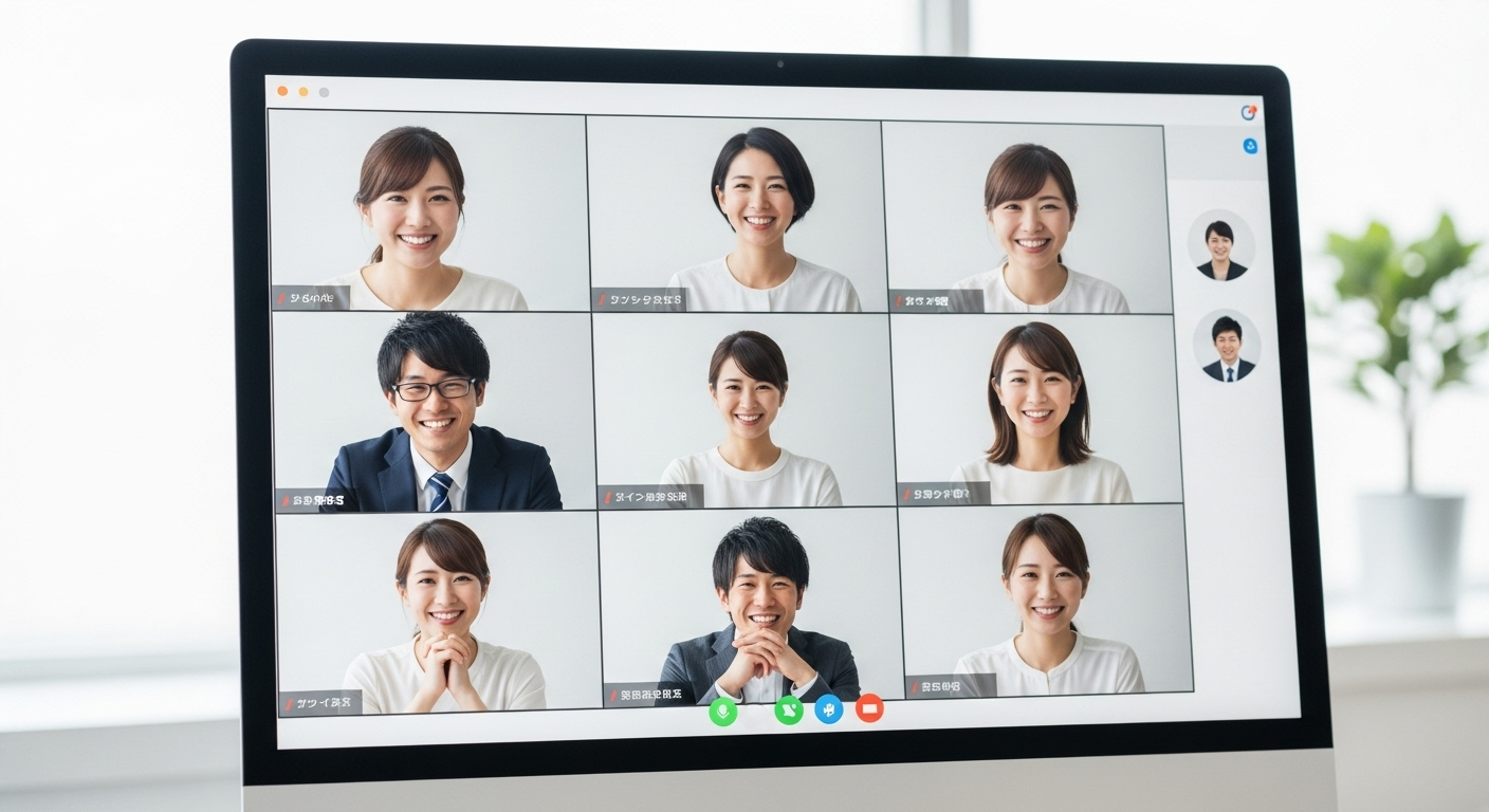 オンライン会議に参加する複数の日本人ビジネスパーソンの画面。
