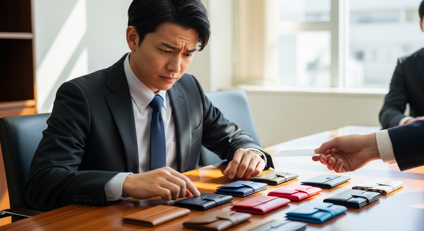 ビジネススーツを着た30代の日本人男性が会議室で名刺交換をしている場面