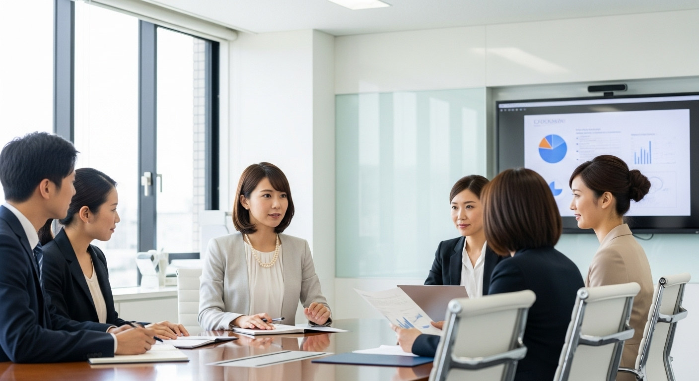 æãããªãã£ã¹äŒè°å®€ã§ã30ä»£ã®æ¥æ¬äººå¥³æ§ãã·ã³ãã«ãªããŒã«ããã¯ã¬ã¹ã身ã«çããŠäŒè°ã«åå ããŠããæ§å