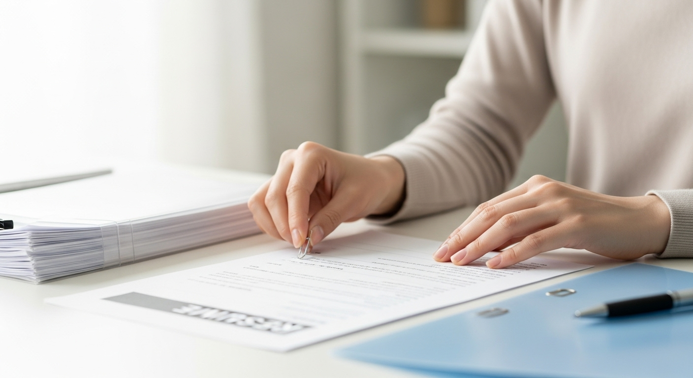 女性が明るいオフィスで履歴書を丁寧にクリップで留めている手元のクローズアップ