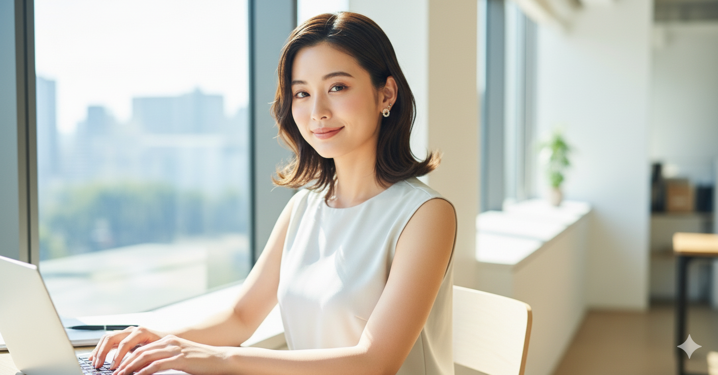 明るいオフィス環境で、20代の日本人女性がノースリーブで仕事をしている様子