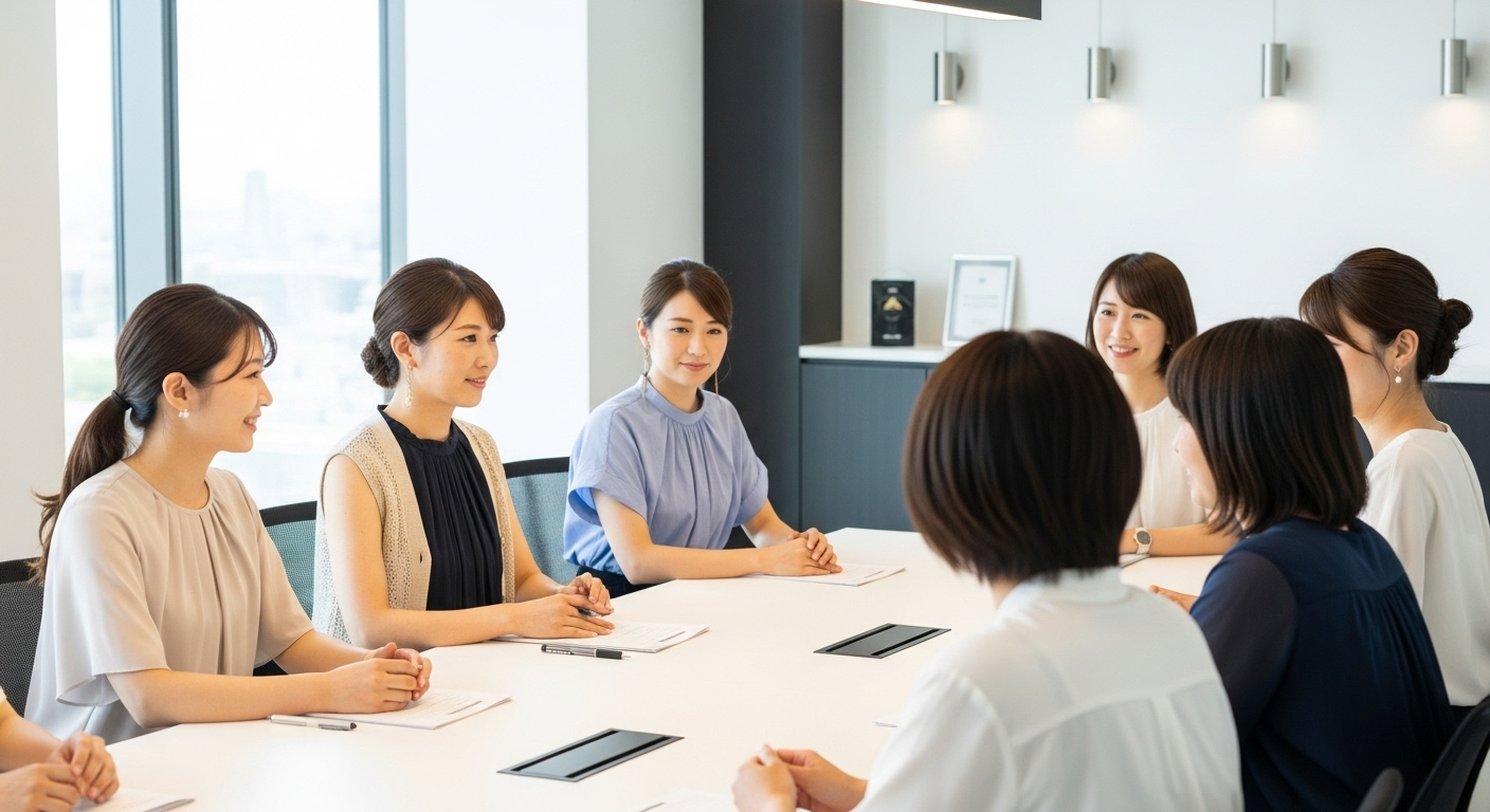 現代的な会議室で、20代から40代の日本人女性たちが会議テーブルを囲んで座っている様子