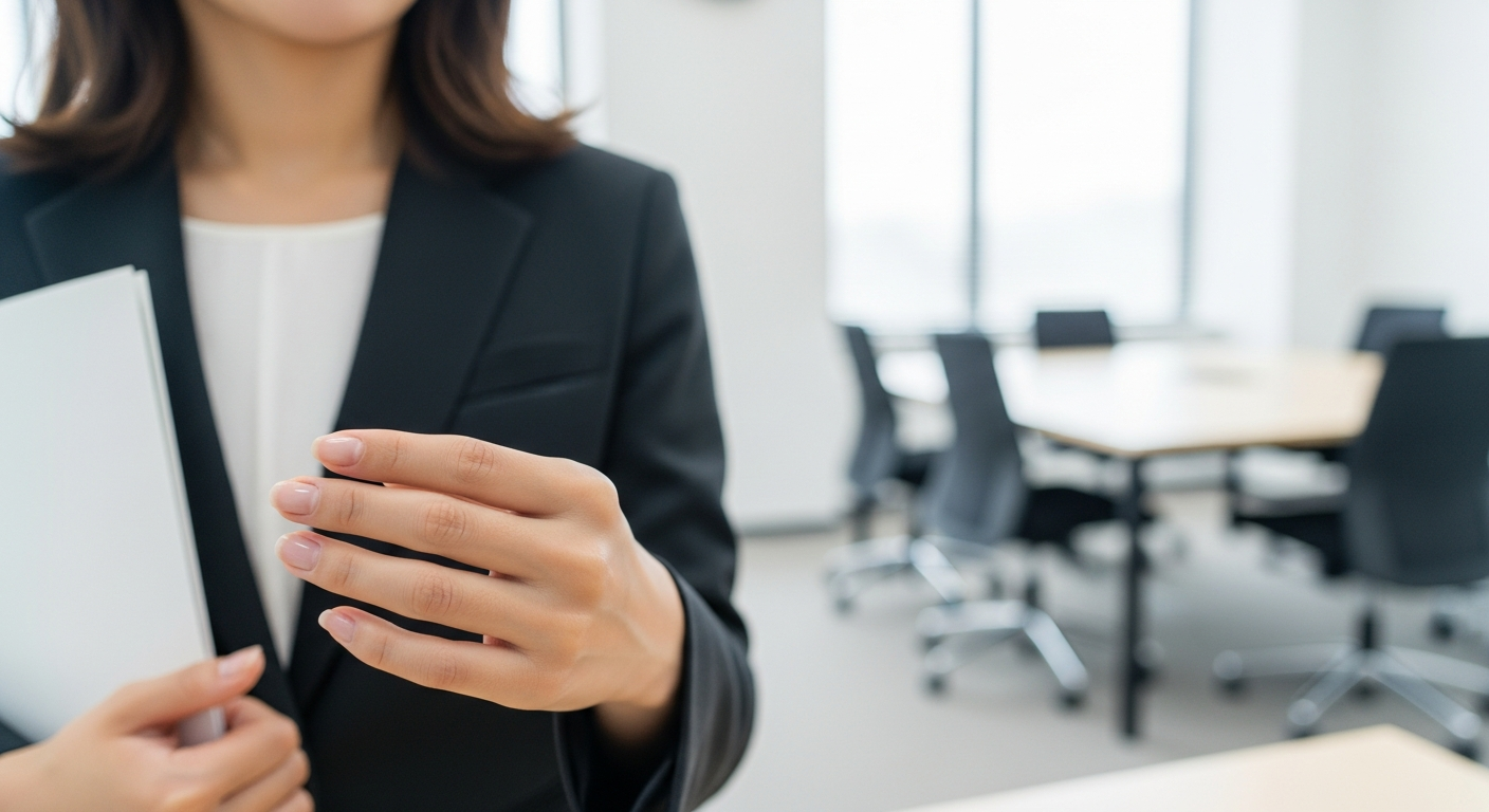 ビジネススーツを着た20代の日本人女性が、オフィスの会議室で書類を手に持っている様子