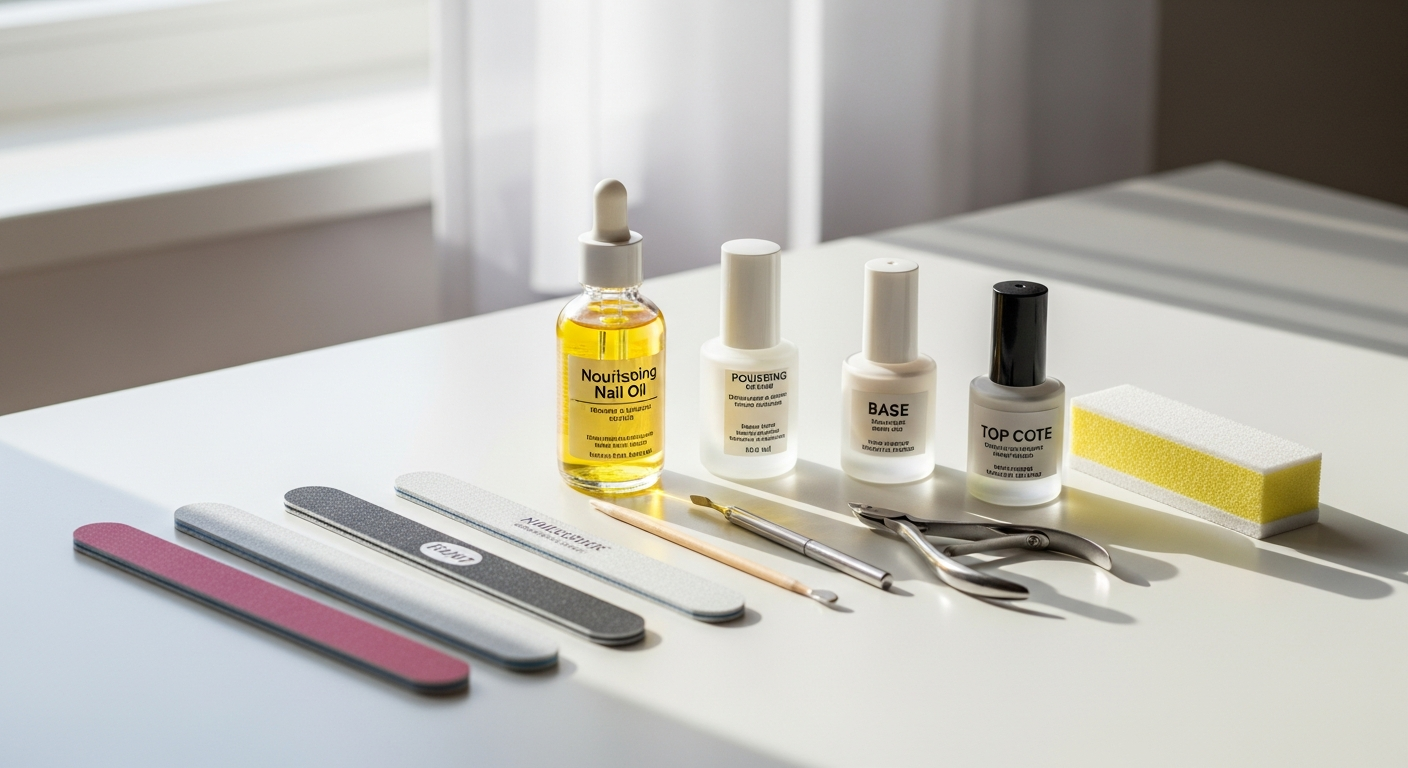 ネイルケア用品が整然と並べられたデスクの上。