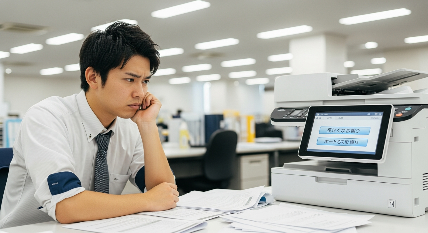 オフィスのデスクで20代の日本人ビジネスマンが困った表情でプリンターの設定画面を見つめている場面