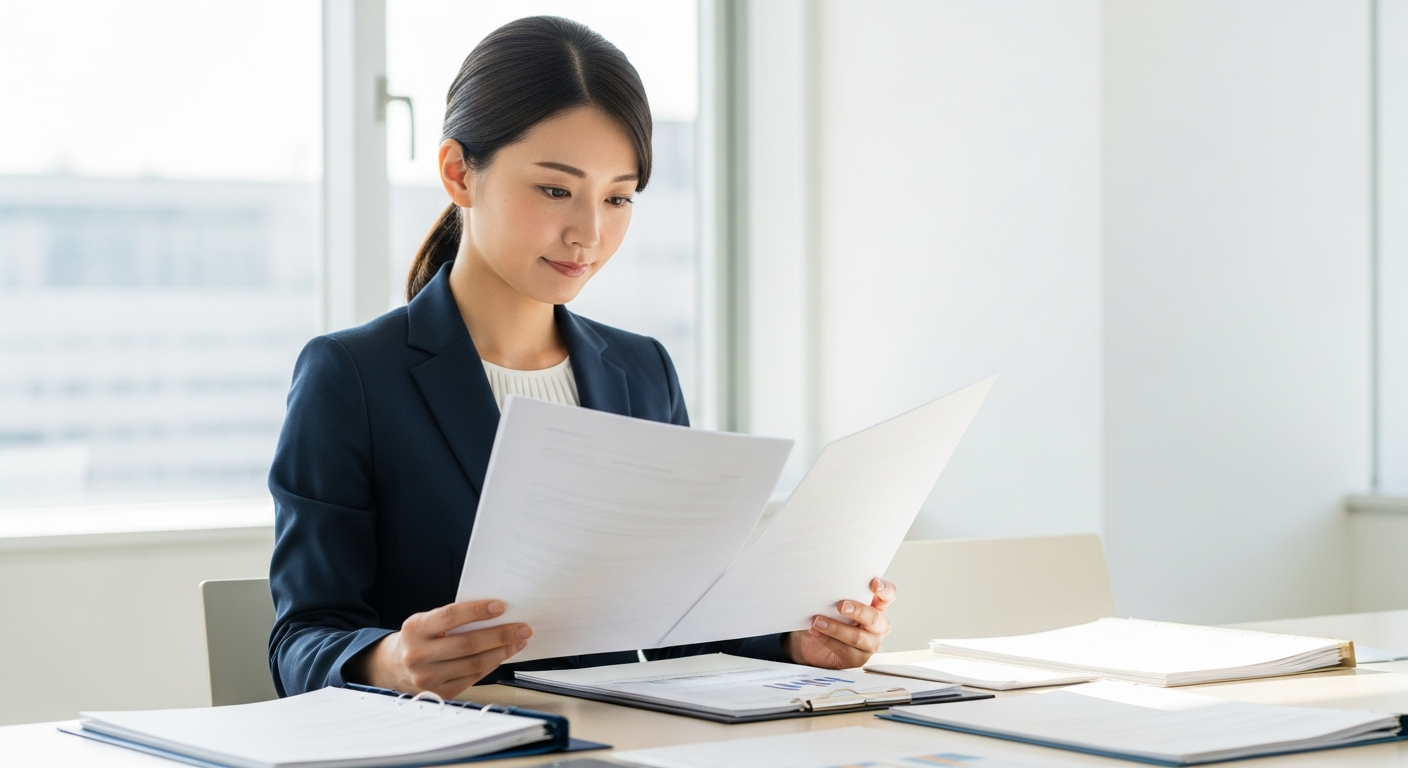 明るい会議室で30代の日本人女性が手に持った両面印刷の資料を確認している場面