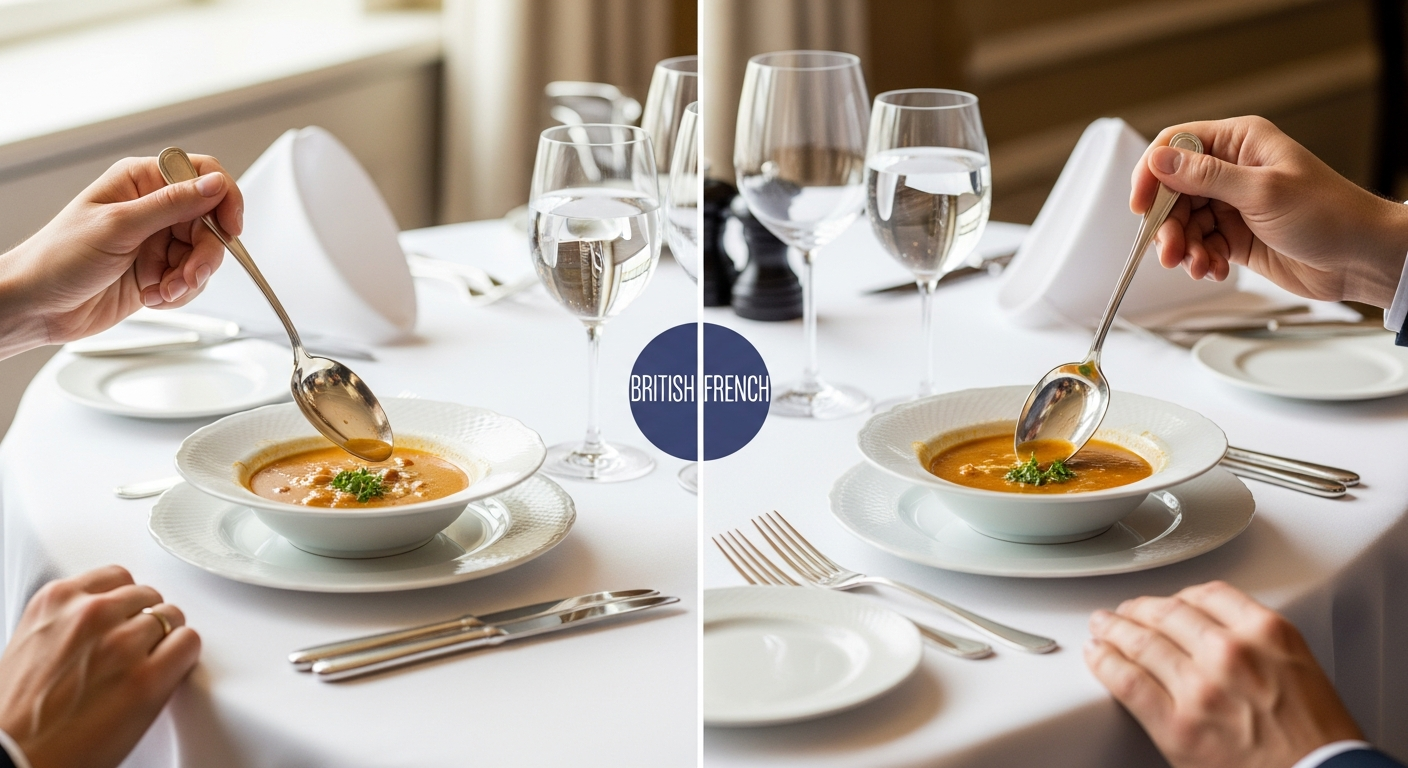 高級レストランのテーブルで、イギリス式とフランス式のスープの飲み方を比較できるような構図。