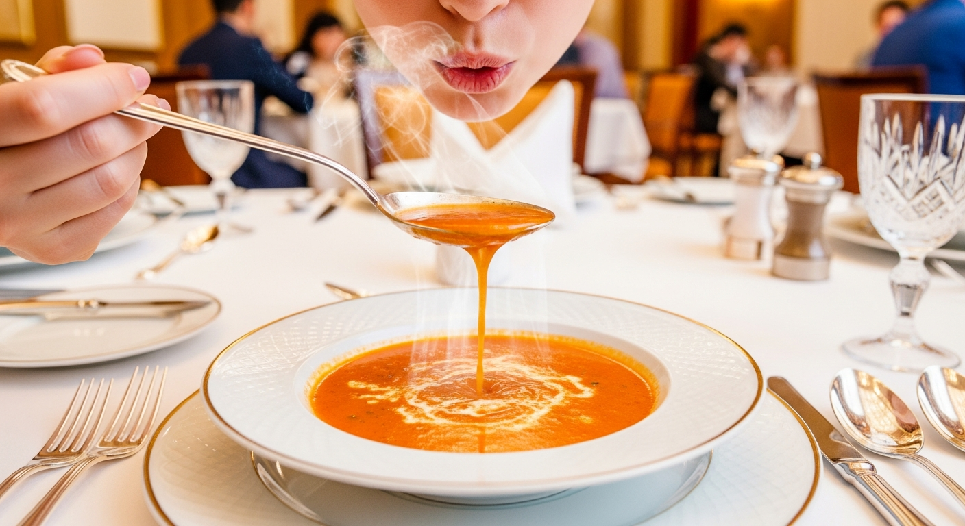 フォーマルなレストランでのNGマナーを表現した画像。