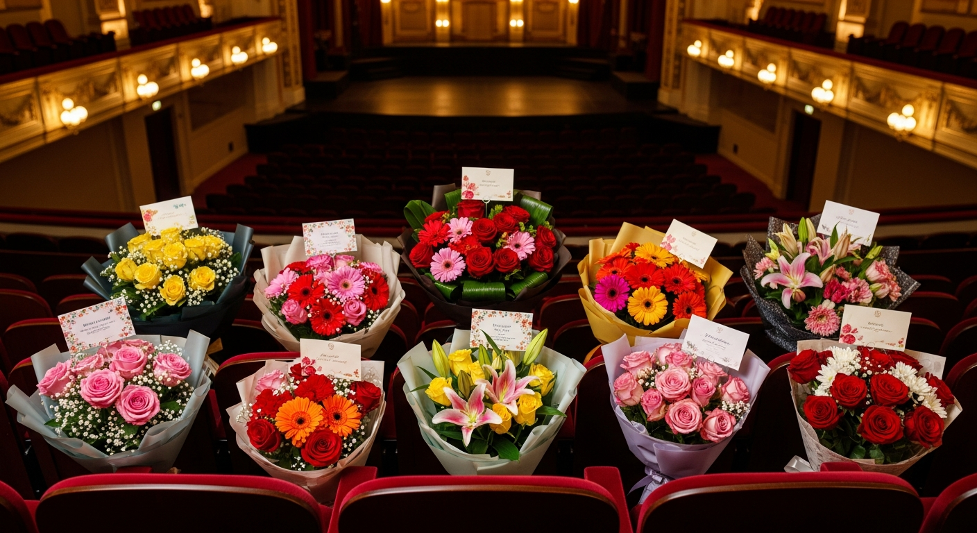 çŸããã³ã³ãµãŒãããŒã«ã®å®¢åžã§ãæ§ã
ãªçš®é¡ã®è±æïŒãã©ãã¬ãŒãã©ããŠãªãªã©ïŒãäžåã«ãã£ã¹ãã¬ã€ãããŠããæ§åã