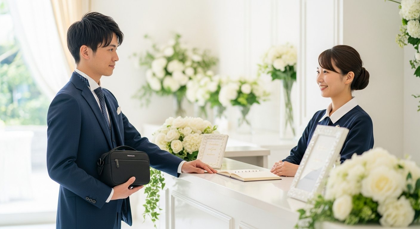 結婚式会場の受付カウンターで、20代の日本人男性ゲストが黒いコンパクトなカメラバッグを持ち、式場スタッフの日本人女性と丁寧に会話している場面。