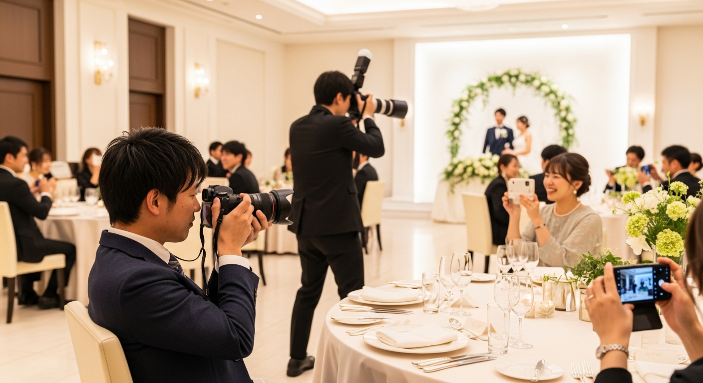 結婚式の披露宴会場で、30代の日本人男性がテーブルに座りながら一眼レフカメラで撮影している場面。