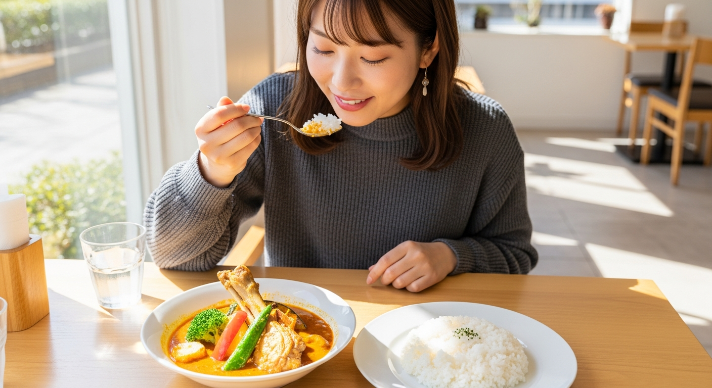 明るいレストランで、20代の日本人女性がスープカレーを上品に食べている様子。