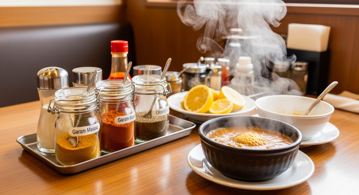 スープカレー専門店のテーブル上に並べられた様々な調味料とスパイス。