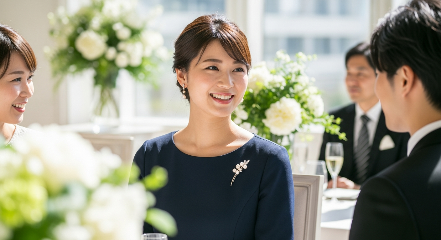 エレガントな結婚式会場で、20代後半の日本人女性がネイビーのドレスに小ぶりなパールのブローチを左胸に上品に着けている様子。