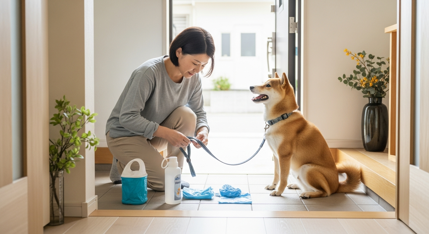 散歩前の準備をする日本人の飼い主の様子。