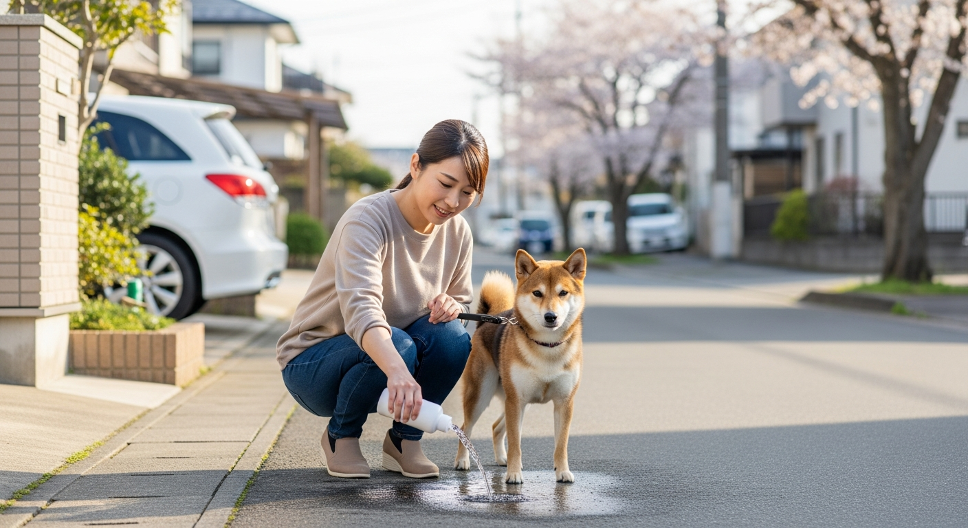 住宅街の歩道で犬がおしっこをした後、飼い主がペットボトルから水をかけている場面。