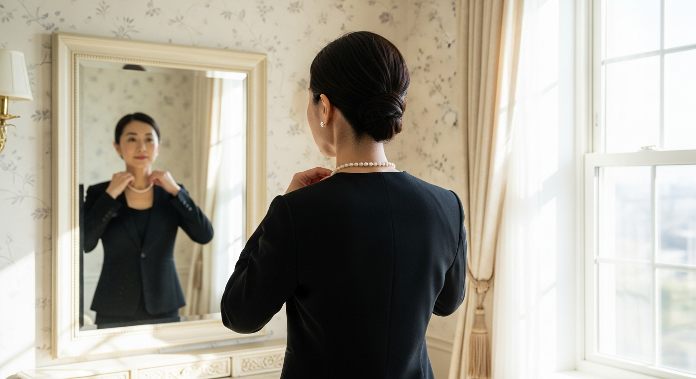 上品な40代日本人女性が鏡の前でパールネックレスを身に着けている様子。