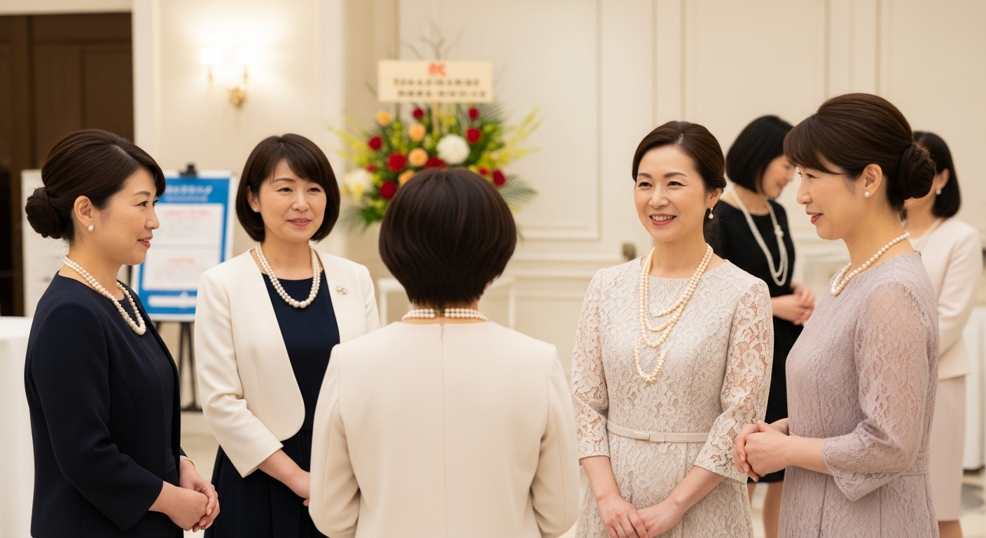 卒業式会場の受付エリアで、品よく装ったお母様方が談笑している様子。