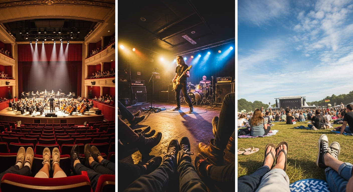 様々なタイプのライブ会場を表現した明るい構図。