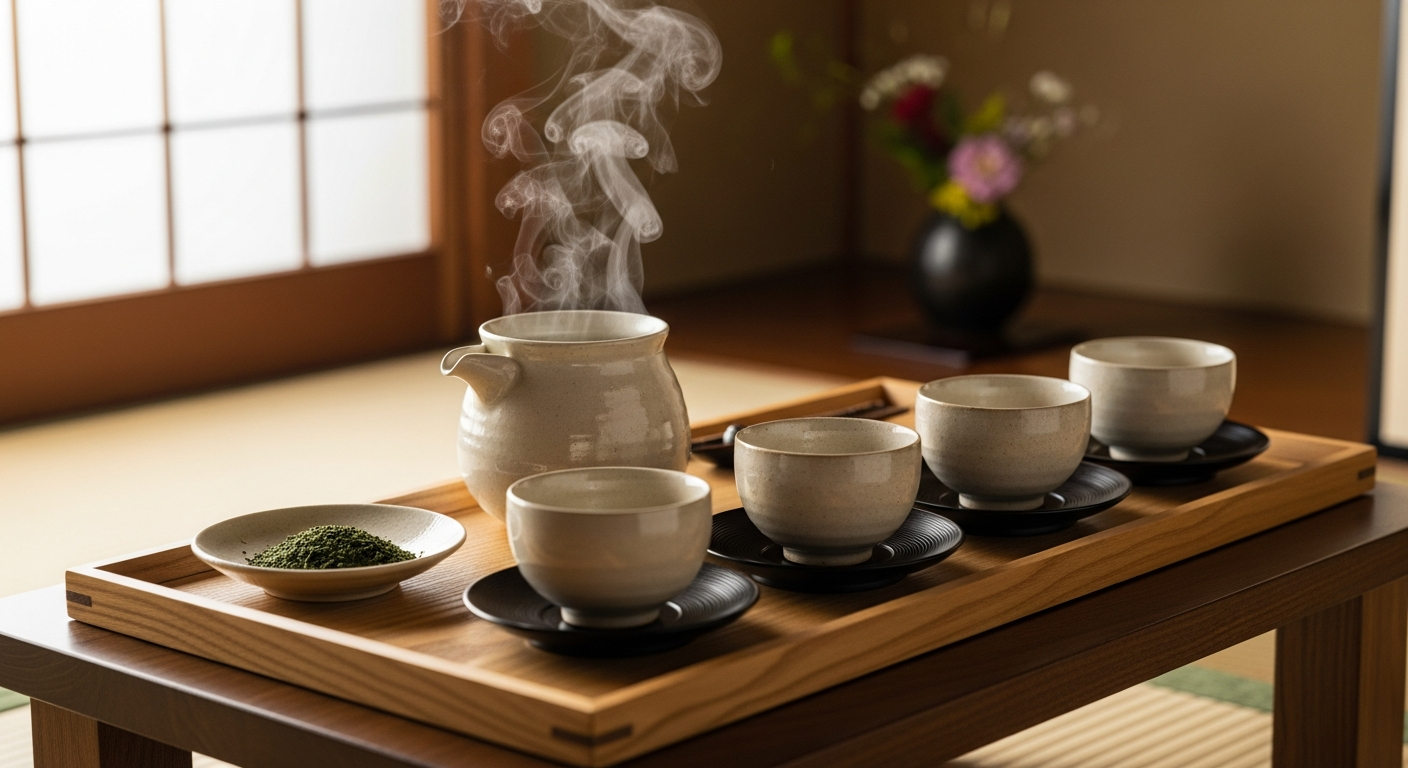 急須と湯呑みの準備風景。